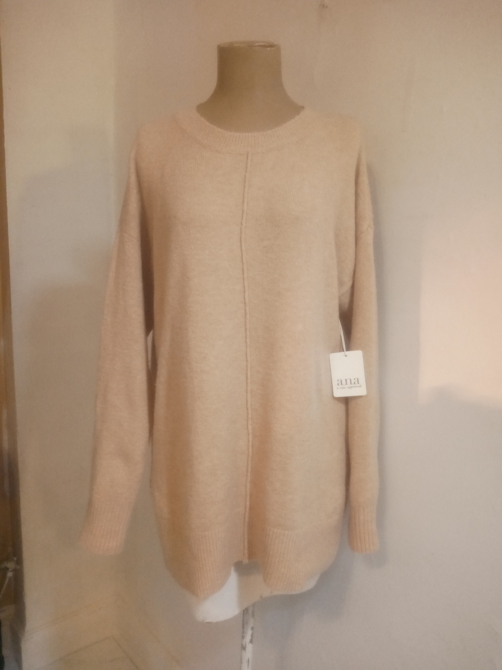 a.n.a Beige Crewneck Longline Sweater